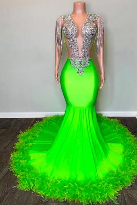 Luxury Tassels Prom Dresses Vestidos Para Mujer Green Fashion Party Dresses 2024 Beaded Mermaid Feather Evening Dresses 2023 Formal Occasion