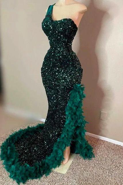 One Shoulder Sparkly Prom Dresses For Women Forest Green Feather Glitter Fashion Party Dresses Shinny Sexy Formal Occasion Dresses Vestidos De