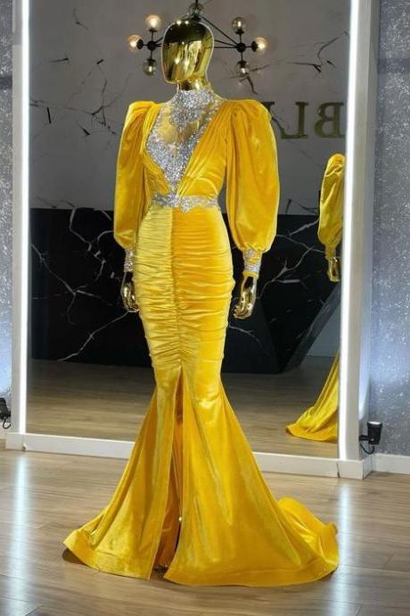 High Neck Luxury Prom Dresses 2023 Beaded Crystals Elegant Mermaid Arabic Prom Gown 2024 Yellow Dubai Fashion Modest Evening Dresses Vestidos De