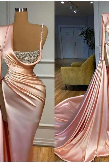 One Shoulder Pink Prom Dresses Long Sleeve Beaded Mermaid Modest Arabic Dubai Fashion Party Dresses Vestidos De Noche Abendkleider Evening Gown