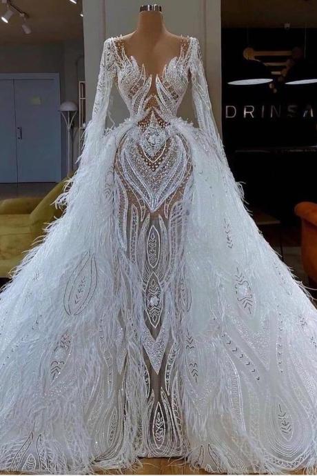 Gorgeous Luxury Wedding Dresses For Bride Feather Beaded Detachable Train Elegant Bridal Dresses Vestidos De Novia Robe De Mariage