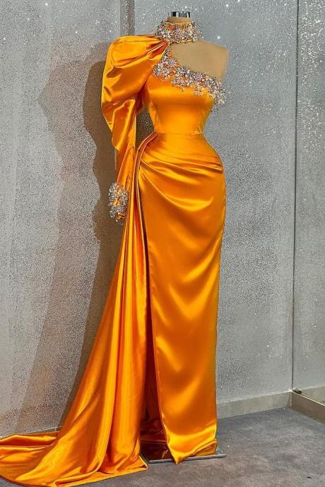 High Neck One Shoulder Prom Dresses For Women Elegant Beaded Orange Arabic Evening Dresses Robes De Bal Vestidos De Gala
