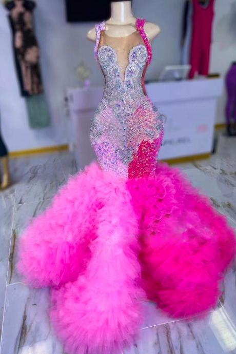 Luxury Custom Prom Dresses 2024 Diamonds Rhinestones Hot Pink Sparkly Prom Gowns 2025 Vestidos Robe Femme Soirée Fashion Party Dresses Black