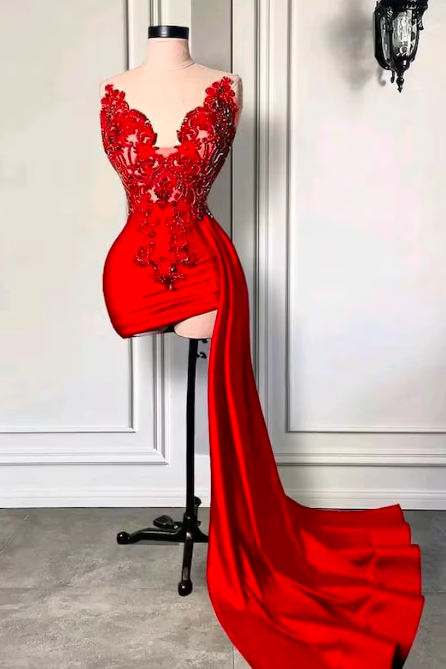 Red Fashion Prom Dresses 2024 Lace Applique Beaded Sexy Birthday Party Dresses 2025 Custom Formal Gown 2023 Abendkleider Short Cocktail Dresses
