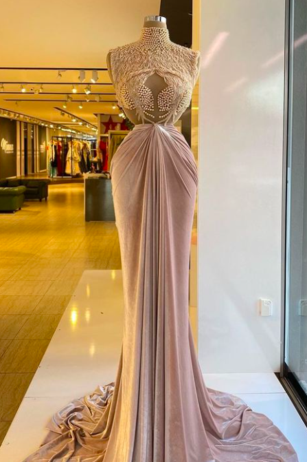 High Neck Rose Pink Prom Dresses 2024 Peals Lace Applique Mermaid Modest Evening Gown 2023 Ruffled 2025 Elegant Sleeveless Formal Occasion