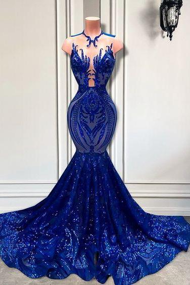 Robes De Soiree Mermaid Prom Dresses For Women Royal Blue Sparkly Sequined Applique Formal Occasion Dresses Evening Gown Vestidos Para Mujer