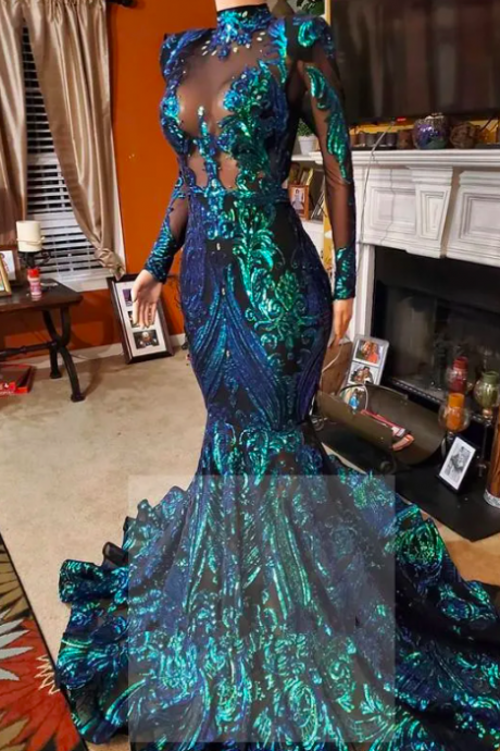Luxury Birthday Dresses 2024 High Neck Sparkly Fashion Prom Dresses Vestidos De Gala Long Sleeve Elegant Mermaid Evening Gown 2025 Abendkleider