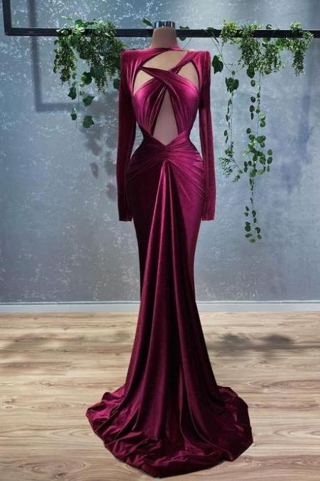 Long Sleeve Burgundy Prom Dresses 2024 Simple Mermaid Pleated Elegant Formal Occasion Dresses 2025 Vestidos De Fiesta De Longo