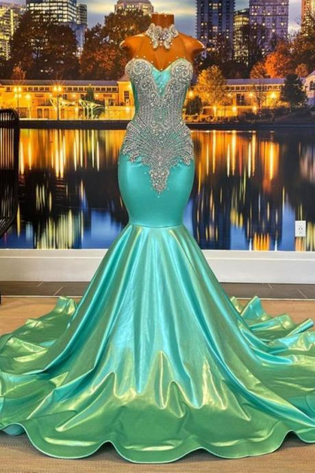Crystals Diamonds Prom Dresses For Black Girls Fashion Mermaid Luxury Birthday Party Dresses Turquoise Blue Elegant Beaded Evening Dresses For