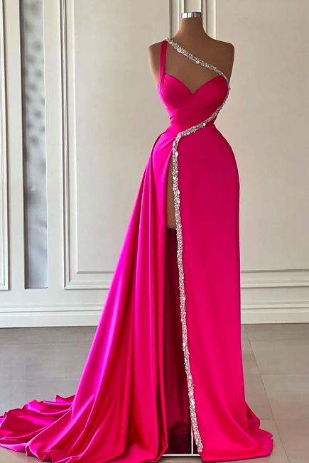 One Shoulder Beading Prom Dresses 2024 Pink Elegant Ruffled Satin A Line Prom Gown 2025 Vestidos De Fiesta Abendkleider Robes De Soiree