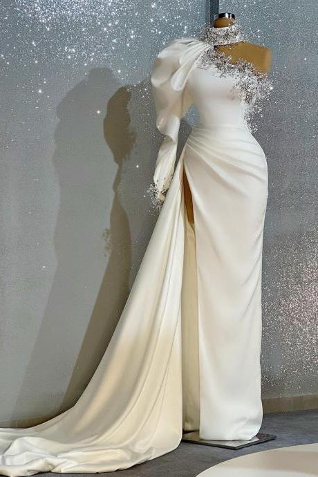 White Prom Dresses 2024 High Neck Beading Luxury Birthday Party Dresses One Shoulder Elegant Modest Simple Evening Gown 2025 Vestidos De Gala