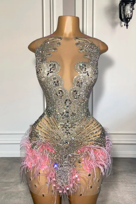 Crystals Fashion Prom Dresses, 2024 Custom Diamonds Shinny Pink Prom Gown, 2025 Feather Luxury Birthday Party Dresses, Vestidos De Gala Formal