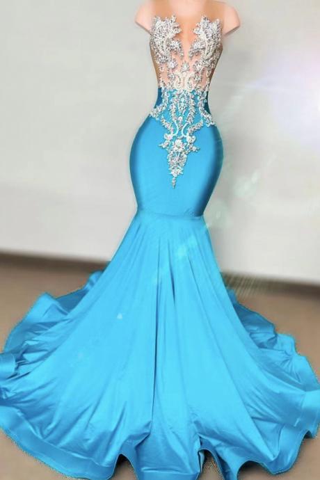 Lace Applique Elegant Prom Dresses For Women Beaded Mermaid Blue Prom Gown Formal Occasion Dresses Vestidos De Fiesta Luxury Birthday Party