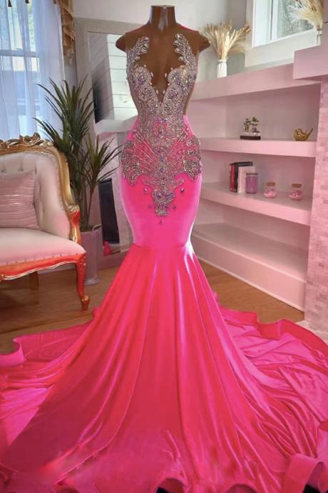 Rhinestones Luxury Prom Dresses For Women, 2024 Diamonds Sparkly Modest Pink Evening Gowns, Mermaid Elegant Fashion Party Dresses, 2025 Robes De