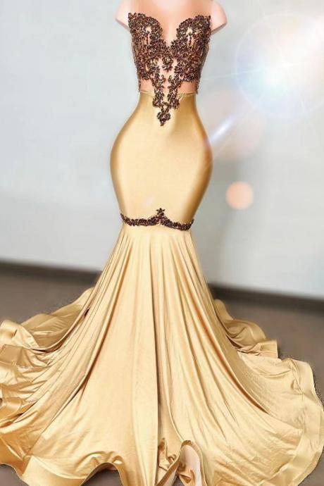 Luxury Beaded Prom Dresses 2024 Champagne Gold Elegant Mermaid Formal Gown Birthday Party Dresses 2025 Vestidos De Fiesta Applique Fashion