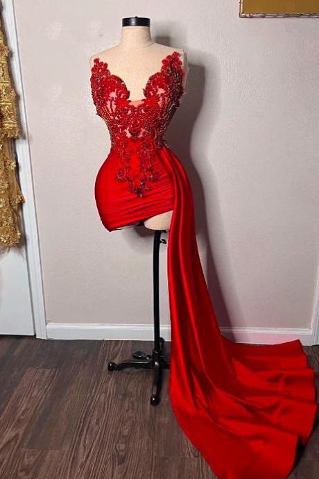 Red Prom Dresses 2024 Lace Applique Beaded Mini Formal Party Dresses V Neck Beaded Fashion Evening Gown Cocktail Dresses 2025 Robes De Soiree