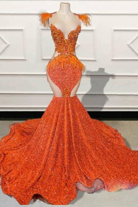 Orange Prom Dresses 2024 Modest Elegant Sparkly Evening Gown For Black Girls Fashion Luxury Beaded Birthday Party Dresses 2025 Feather Women