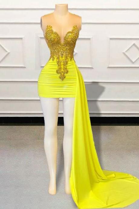 Yellow Sexy Prom Dresses For Women Gold Beaded Applique Mini Fashion Party Dresses Vestidos De Graduacion Robes De Soiree