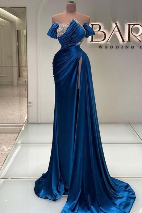 Off The Shoulder Beaded Prom Dresses 2024 Elegant Pleated Simple Blue Evening Gown Vestidos De Gala 2025 Dubai Fashion Party Dresses