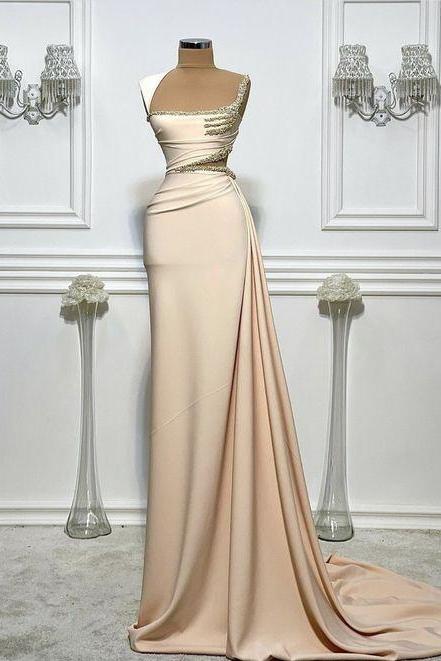 Champagne Prom Dresses For Women Beaded Dubai Fashion Party Dresses Simple Elegant Custom Make Evening Gown Vestidos De Gala