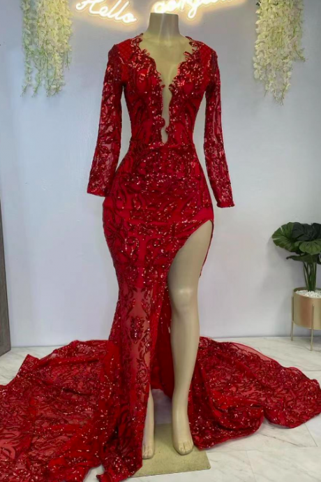 Sparkly Red Prom Dresses Long Sleeve Elegant Glitter Formal Occasion Dresses With Side Split Vestidos De Gala Fashion Custom Prom Gown