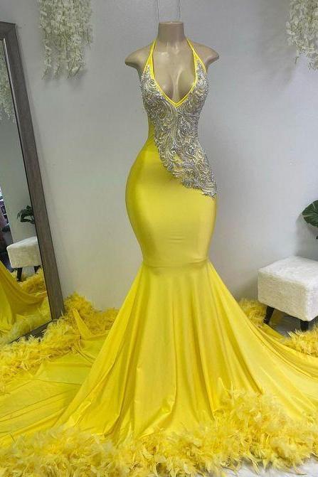 Yellow Feather Prom Dresses For Women Lace Applique Halter Mermaid Luxury Birthday Party Dresses Vestidos De Noche Fashion Evening Dresses