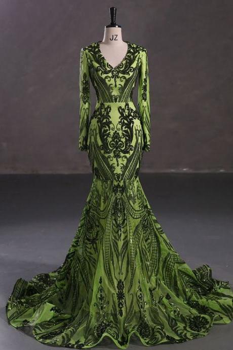 Green Sequin Applique Prom Dresses 2024 Long Sleeve V Neck Sparkly Prom Gown Vestidos De Gala Elegant Formal Occasion Dresses 2025