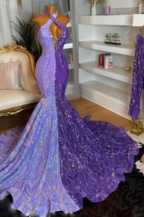 Two Tones Purple Prom Dresses 2024 Custom Halter Sparkly Applique Formal Occasion Dresses Robes De Cocktail 2025 Mermaid Evening Gown