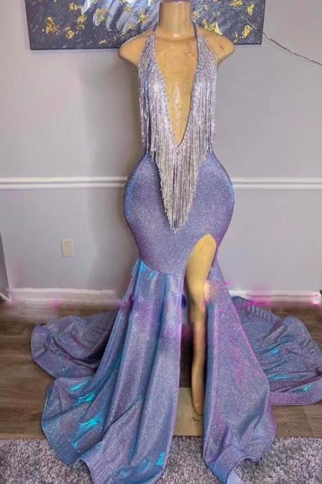 Tassels Sexy Prom Dresses 2024 Halter Deep V Neck Sparkly Gray Evening Gowns 2025 Robes De Cocktail Vestidos Mujer Para Custom Formal Dress