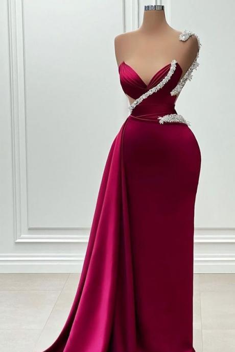Burgundy Prom Dresses For Women Simple Pleated Beaded Elegant Evening Dresses 2024 Abendkleider Dubai Fashion Birthday Party Dresses 2025 Formal