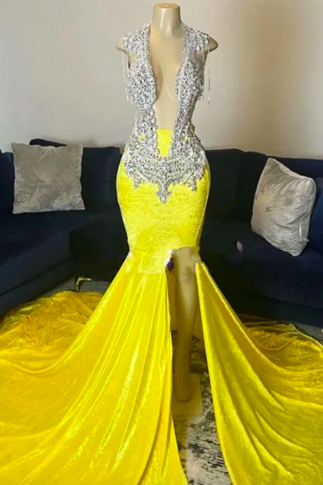 Deep V Neck Crystals Prom Dresses For Black Girls Fashion Yellow Beaded Neck Prom Gown Tassels Elegant Formal Occasion Dresses Robes De Soiree