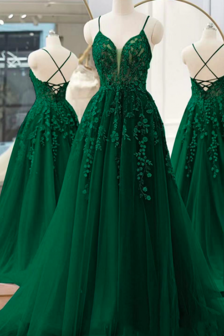Spaghetti Strap Green Prom Dresses 2024 Robes De Bal Lace Applique A Line Elegant Prom Gown Pageant Dresses For Women 2025 Vestidos Para Mujer