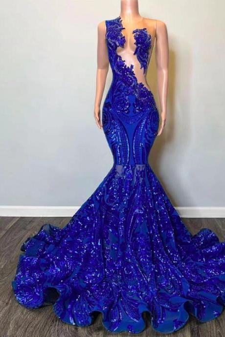 Sparkly Royal Blue Prom Dresses 2024 Vestidos De Gala Sequin Applique Mermaid Fashion Party Dresses 2025 Formal Occasion Dresses For Women