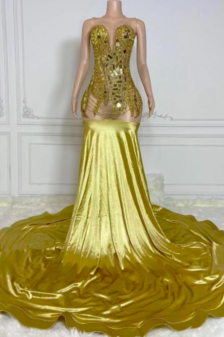 Rhinestones Gold Prom Dresses For Women Sweetheart Neck Beaded Elegant Formal Occasion Dresses Robes De Soiree Femme Custom Prom Gown