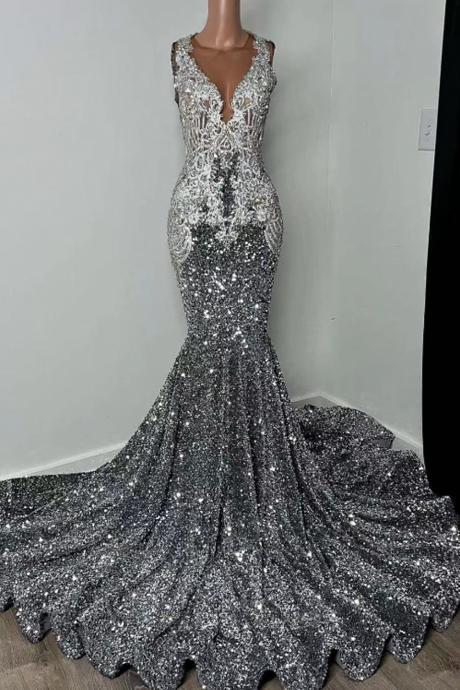 Gray Sparkly Prom Dresses 2024 Vestidos De Gala Sequins Elegant Lace Applique Formal Occasion Dresses 2025 Custom Party Dresses For Black Girls