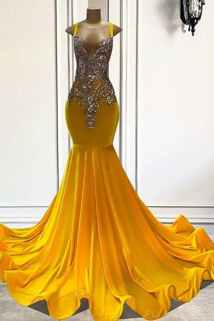 Luxury Yellow Prom Dresses 2024 Crystals Rhinestones Elegant Prom Gown For Black Girls Fashion Party Dresses Vestidos De Gala 2025 Formal