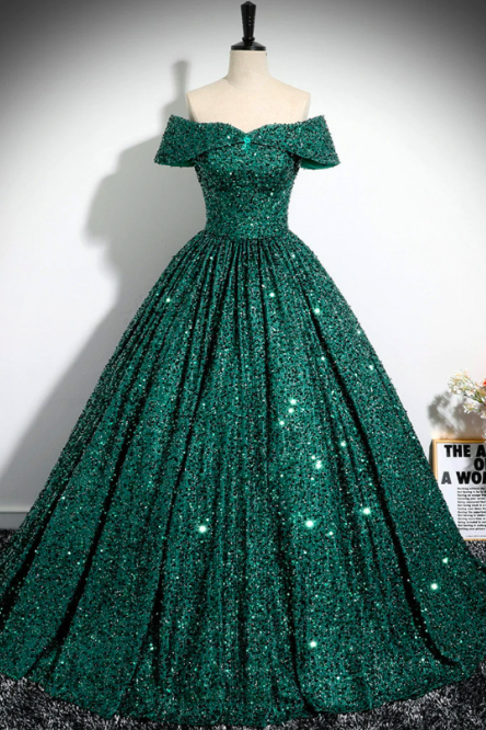 Emerald Green Sparkly Prom Dresses 2024 Off The Shoulder Sequins A Line Elegant Prom Gown 2025 Robe De Bal Vestidos De Graduacion