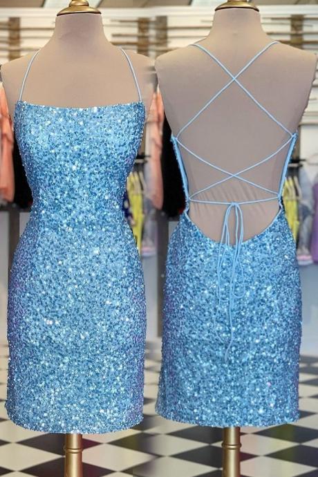 Blue Sequined Prom Dresses 2024 Fashion Mini Dresses For Women Sparkly Sequin Sexy Formal Party Dresses 2025 Robes De Cocktail