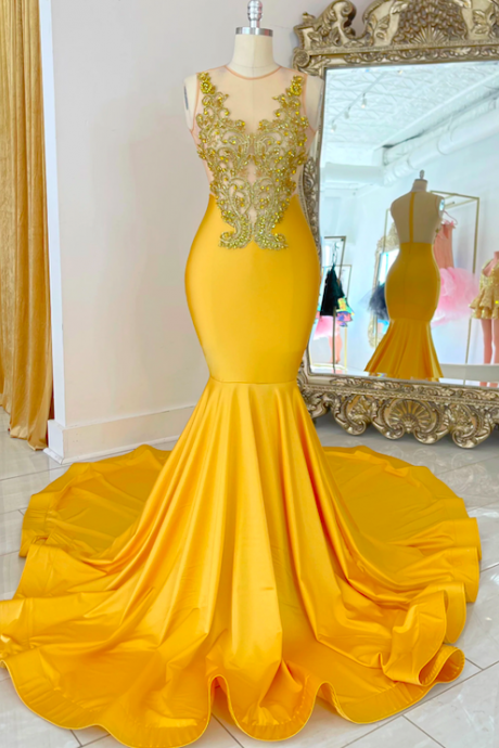 Gold Modest Prom Dresses For Women Beaded Lace Applique Mermaid Evening Gown Elegant Luxury Birthday Party Dresses Formal Occasion Dresses