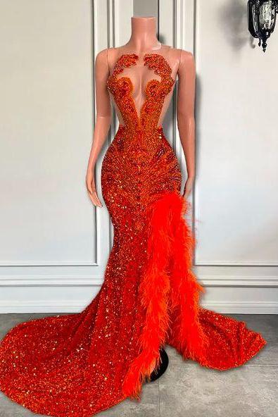 Rhinestones Luxury Prom Dresses With Side Split Red Feather Sparkly Formal Occasion Dresses Fashion Glitter Party Dresses For Women Evening Gown