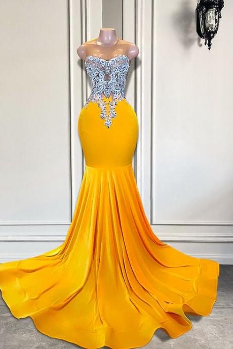 Yellow Fashion Prom Dresses 2024 Lace Applique Beaded Mermaid Evening Gown 2025 Black Girls Luxury Birthday Party Dresses Vestidos Para Mujer