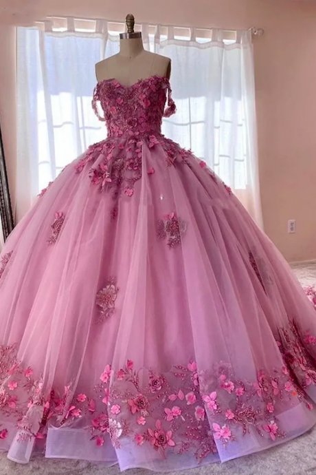 Pink Prom Dresses 2024 Sweet 16 Dresses 3d Flowers Lace Applique Princess Off The Shoulder Ball Gown Princess Prom Gown 2025 Quinceaneara