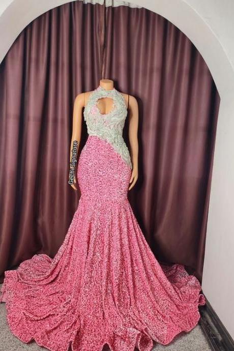 High Neck Pink Prom Dresses For Black Girls Sparkly Sequin Lace Applique Mermaid Evening Gowns Fashion Glitter Party Dresses Vestidos De Fiesta
