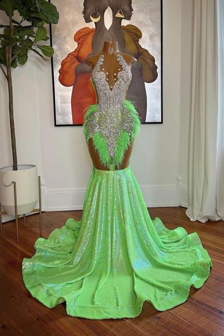 Luxury Rhinestone Prom Dresses For Black Girls Lime Green Shinning Feather Prom Gown Halter Fashion Party Dresses Formal Occasion Dresses Evening