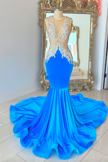 Modest Blue Prom Dresses For Women Lace Applique Beaded Mermaid Evening Gown Fashion Formal Occasion Dresses Vestidos De Fiesta Custom Prom Gowns