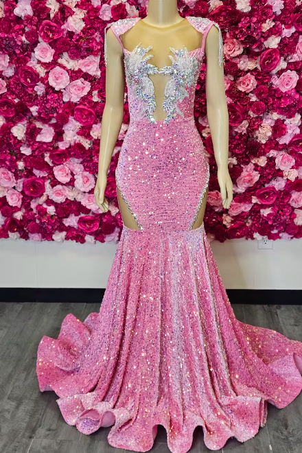 Cap Sleeve Glitter Prom Dresses 2024 Pink Sequin Mermaid Formal Occasion Dresses 2025 Lace Applique Elegant Evening Gown Party Dresses