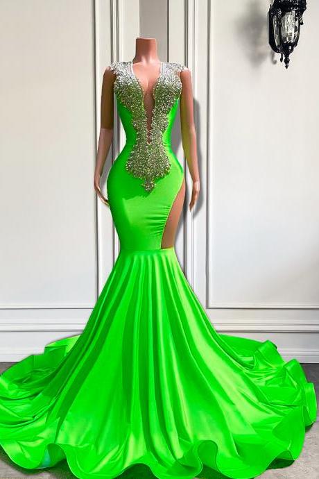 Crystals Luxury Prom Dresses 2024 Mermaid Diamonds Beaded Elegant Prom Gown 2025 Lime Green Modest Fashion Party Dresses Evening Wear Vestidos De
