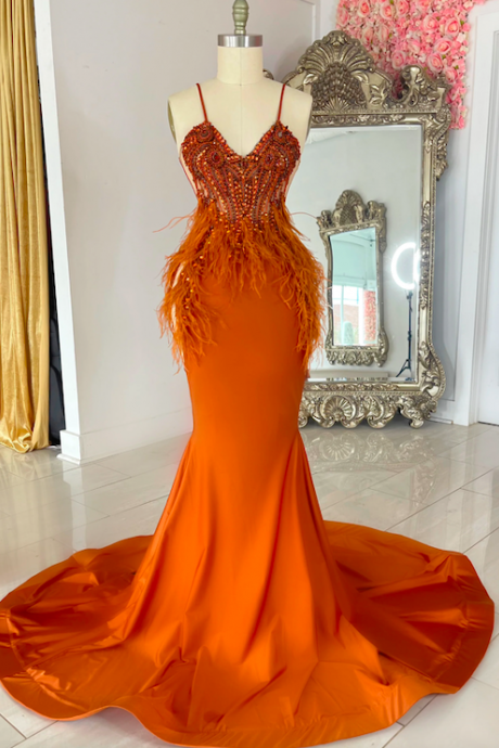 Spagehetti Strap Prom Dresses 2024 Beaded Feather Luxury Fashion Party Dresses Vestidos De Fiesta 2025 Formal Occasion Dresses Vestidos De Gala