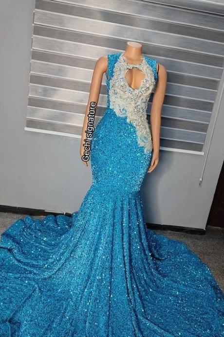Blue Sparkly Prom Dresses 2024 Custom Lace Applique O Neck Birthday Party Dress Prom Gown 2025 Glitter Evening Wear Formal Occasion Dresses