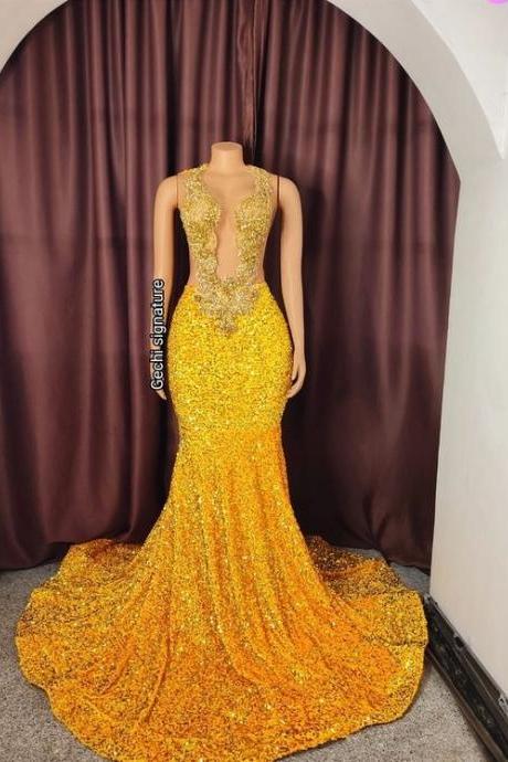 Sparkly Fashion Prom Dresses 2024 Yellow Gold Rhinestones Luxury Birthday Party Dresses Vestidos De Fiesta 2025 Beaded Diamonds Formal Occasion